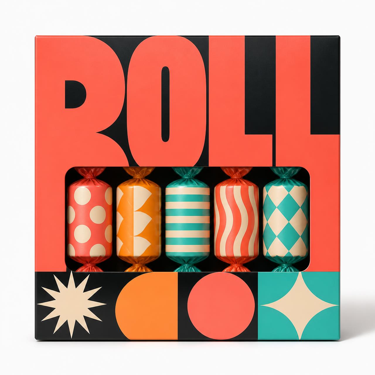 ROLL sweet potato candy box in coral and black with a window showing five wrapped rolled candy pieces
